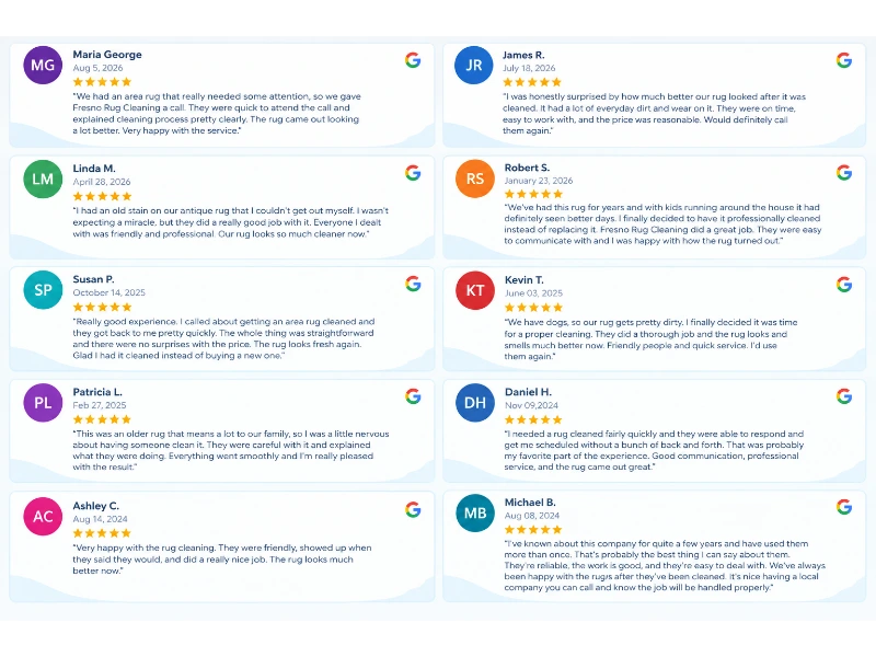 Customer review highlights supplied for the Fresno rug cleaning website
