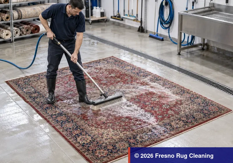 Technician carefully washing and rinsing a removable area rug on a dedicated wash floor