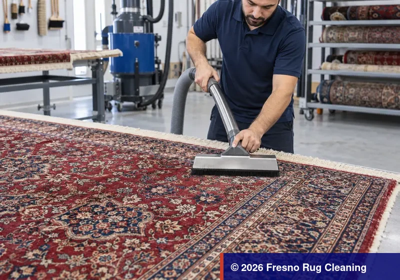 Technician removing loose dry soil from a patterned area rug before washing