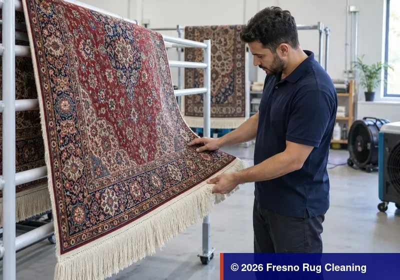 Technician checking a patterned area rug during controlled drying and fringe detailing