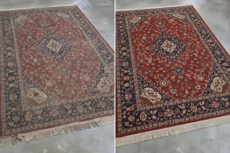 Illustrative Persian-style rug before and after careful cleaning.