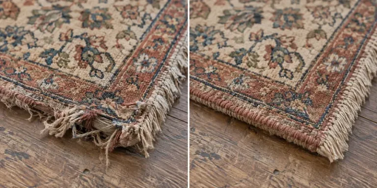 Illustrative frayed rug edge before and after a conservative binding repair.
