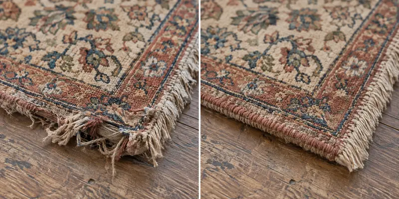 Illustrative frayed rug edge before and after binding repair