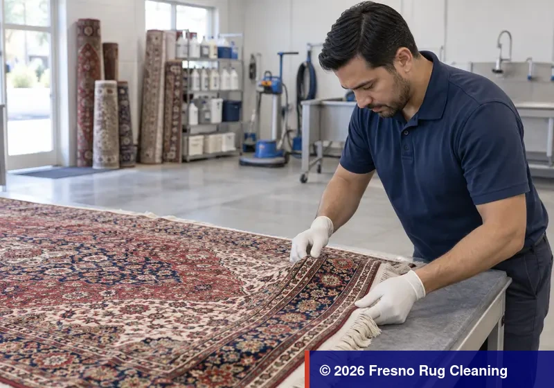 Technician inspecting the fibers, fringe and construction of a patterned area rug
