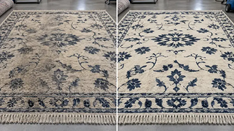 Illustrative wool rug before and after fiber-specific cleaning